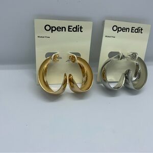 (2) Open Edit Gold and Silver Hoop Earrings